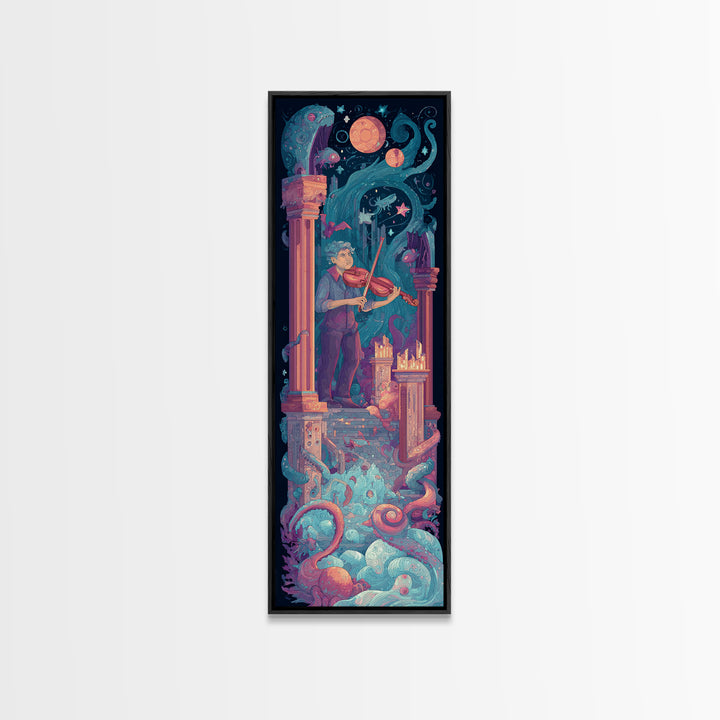 The Violinist Of The Drowned Moon, Synthwave Halloween Art, Tall Narrow Wall Art, Canvas Print, Retro Halloween Decor, Neon Wall Art