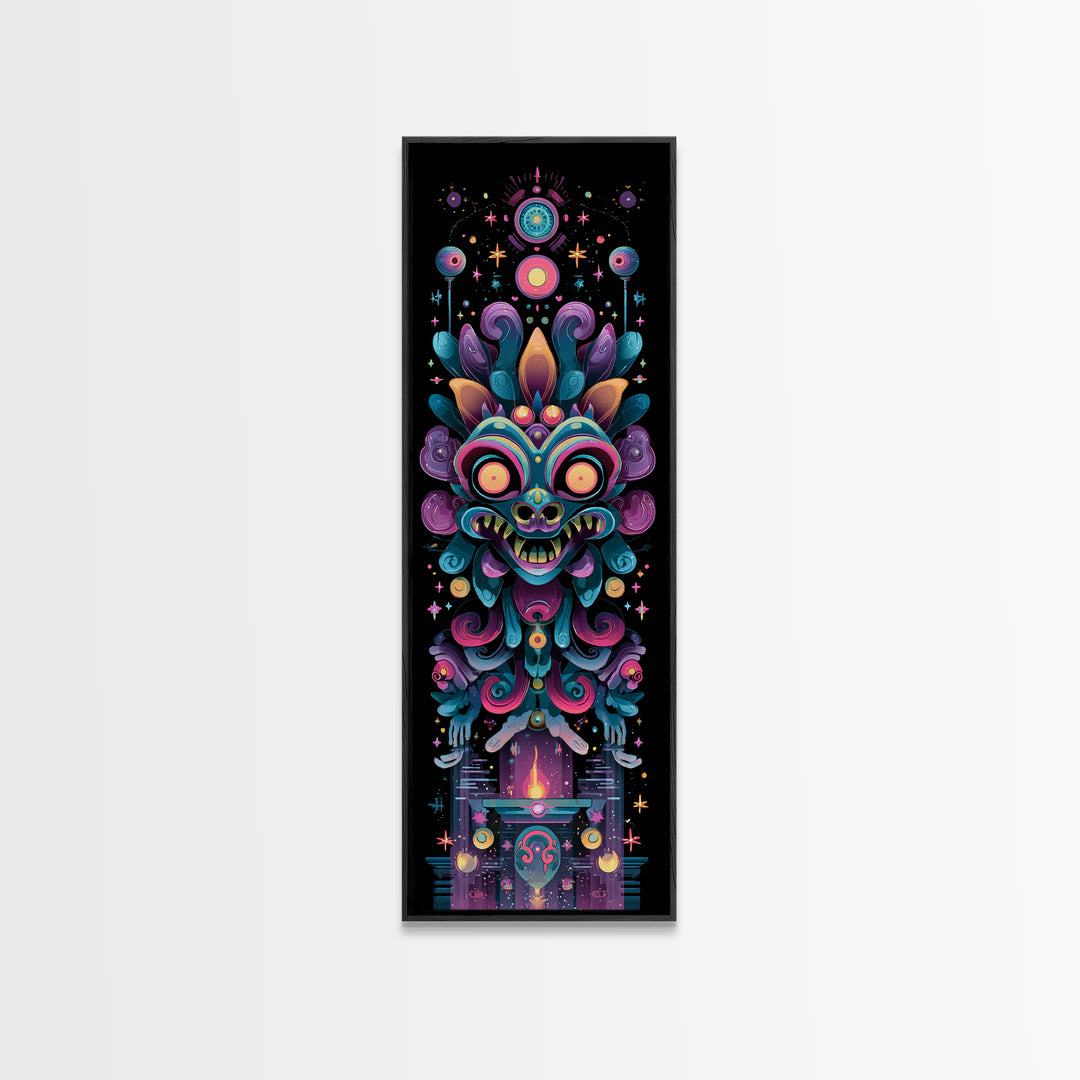 The Mask Of The Crawling God, Synthwave Halloween Art, Tall Narrow Wall Art, Framed Canvas Print, Retro Halloween Decor, Neon Wall Art