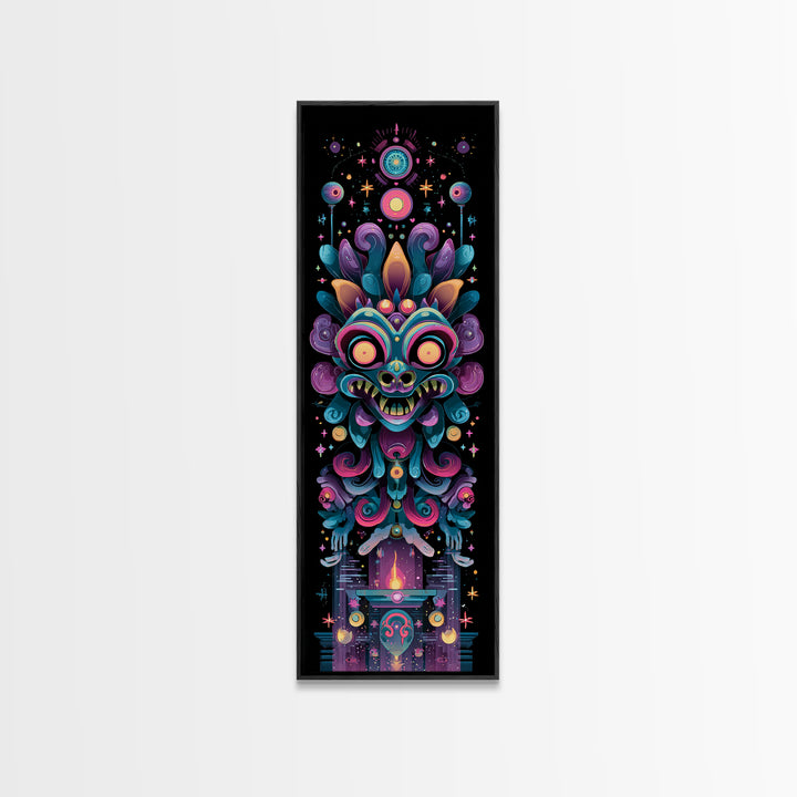 The Mask Of The Crawling God, Synthwave Halloween Art, Tall Narrow Wall Art, Framed Canvas Print, Retro Halloween Decor, Neon Wall Art