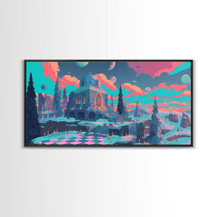 The Candelit Ark Of Forgotten Stars, Cosmic Synthwave Horror, Wide Panoramic Art, Framed Canvas Print, Retro Halloween Decor, Neon Wall Art