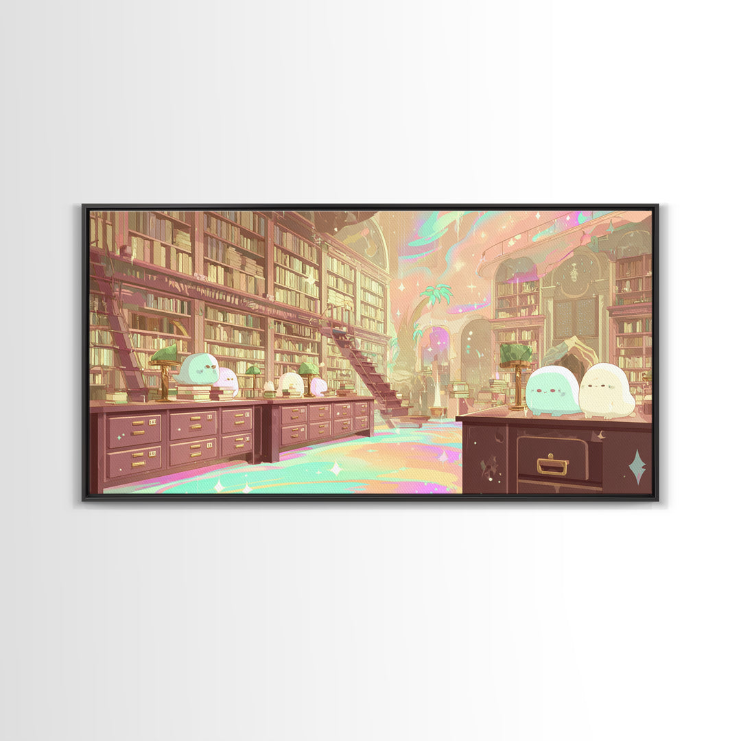 The Archivist Of Dreaming Bones, Cosmic Synthwave Horror, Wide Panoramic Art, Framed Canvas Print, Retro Halloween Decor, Neon Wall Art