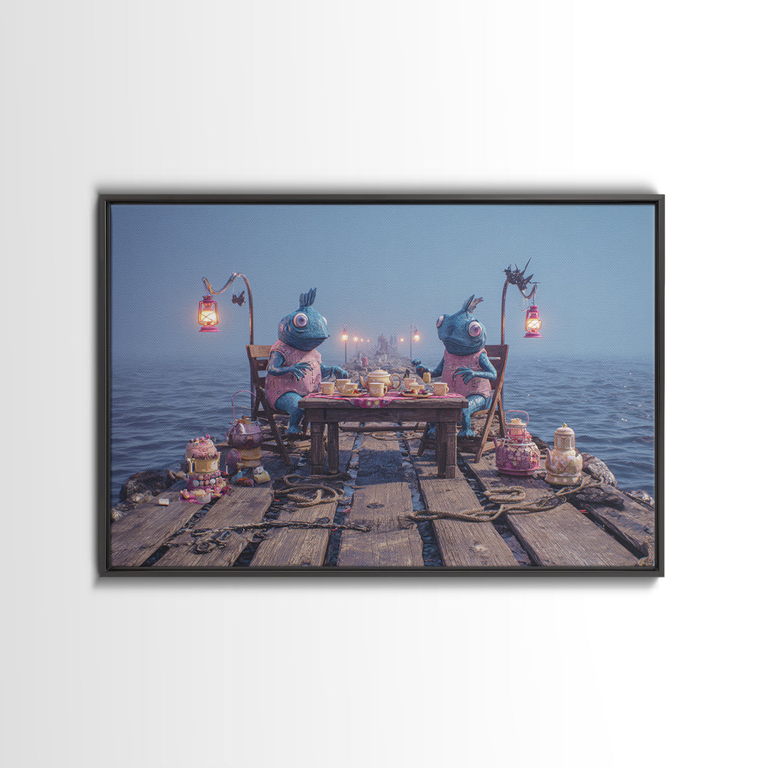 The Tea Party At Innsmouth Pier, 80s Halloween Wall Art, Landscape Wall Art, Framed Canvas Print, Retro Halloween Decor, Neon Wall Art