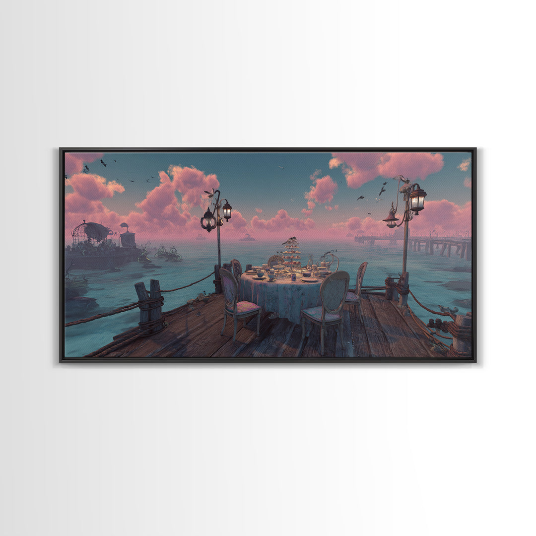 The Tea Party At Innsmouth Pier, Cute Eldritch Neon Art, Wide Panoramic Art, Canvas Print, Retro Halloween Decor, Neon Wall Art