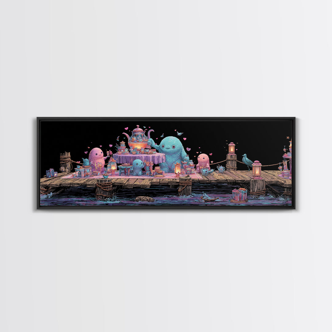 The Tea Party At Innsmouth Pier, Cute Eldritch Neon Art, Extra Wide Wall Art, Canvas Print, Retro Halloween Decor, Neon Wall Art