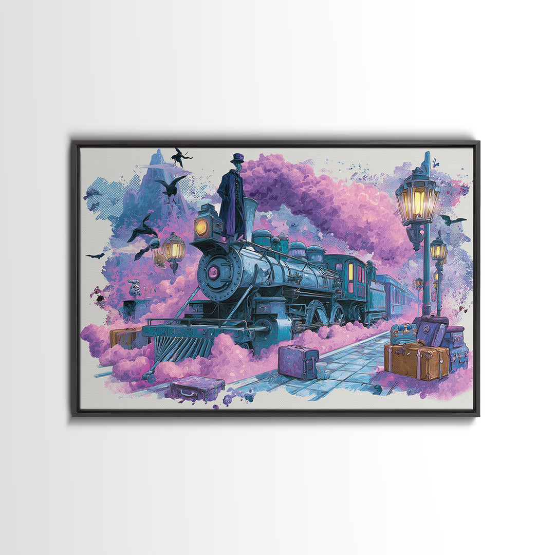 The Phantom Train To Kadath, Cute Spooky Neon Art, Landscape Wall Art, Canvas Print, Retro Halloween Decor, Neon Wall Art, Horror Wall Art