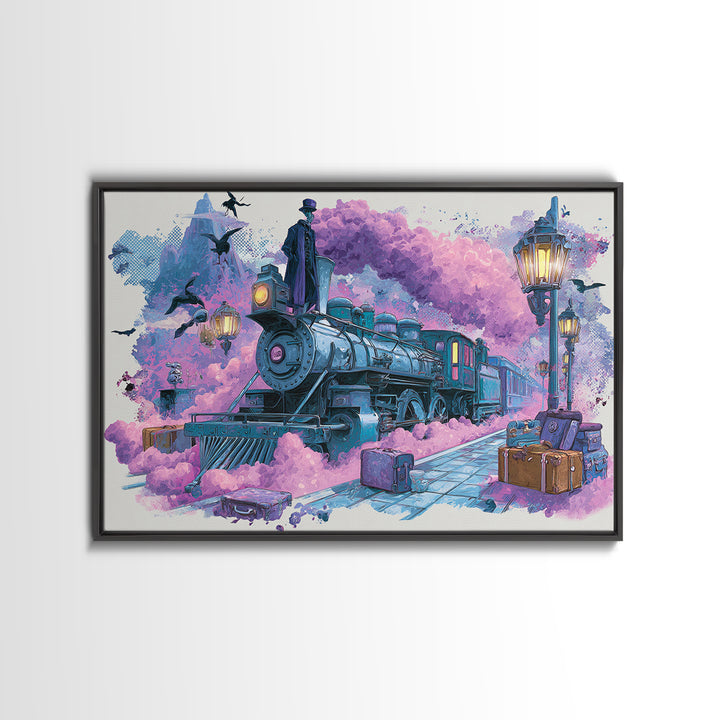 The Phantom Train To Kadath, Cute Spooky Neon Art, Landscape Wall Art, Canvas Print, Retro Halloween Decor, Neon Wall Art, Horror Wall Art