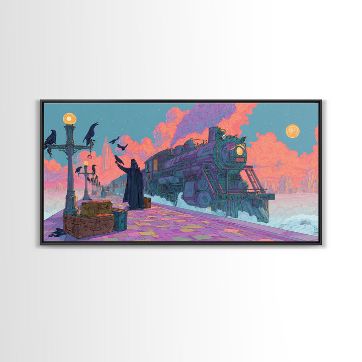 The Phantom Train To Kadath, Cute Spooky Neon Art, Wide Panoramic Art, Framed Canvas Print, Retro Halloween Decor, Neon Wall Art