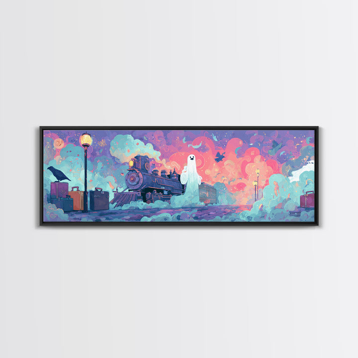 The Phantom Train To Kadath, 80s Halloween Wall Art, Extra Wide Wall Art, Canvas Print, Retro Halloween Decor, Neon Wall Art