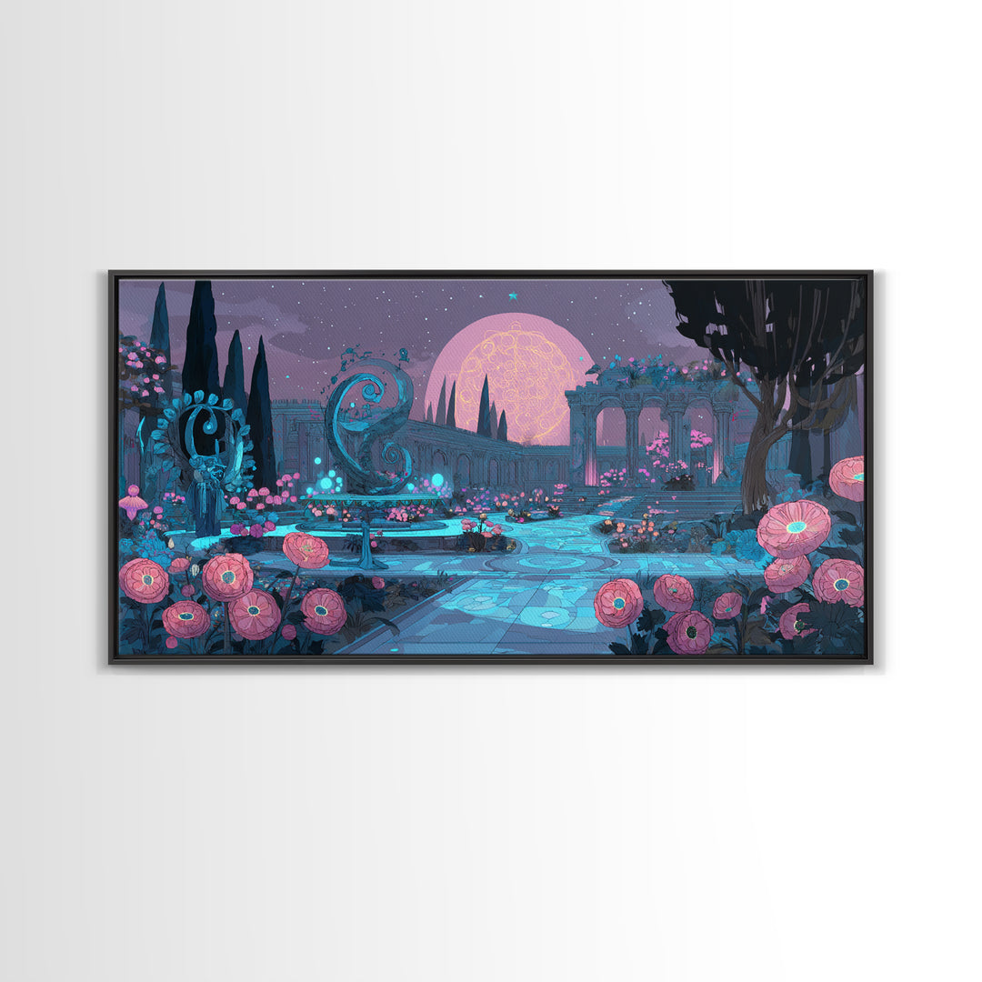 The Garden Of The Eyeless Moon, Synthwave Halloween Art, Wide Panoramic Art, Framed Canvas Print, Retro Halloween Decor, Neon Wall Art