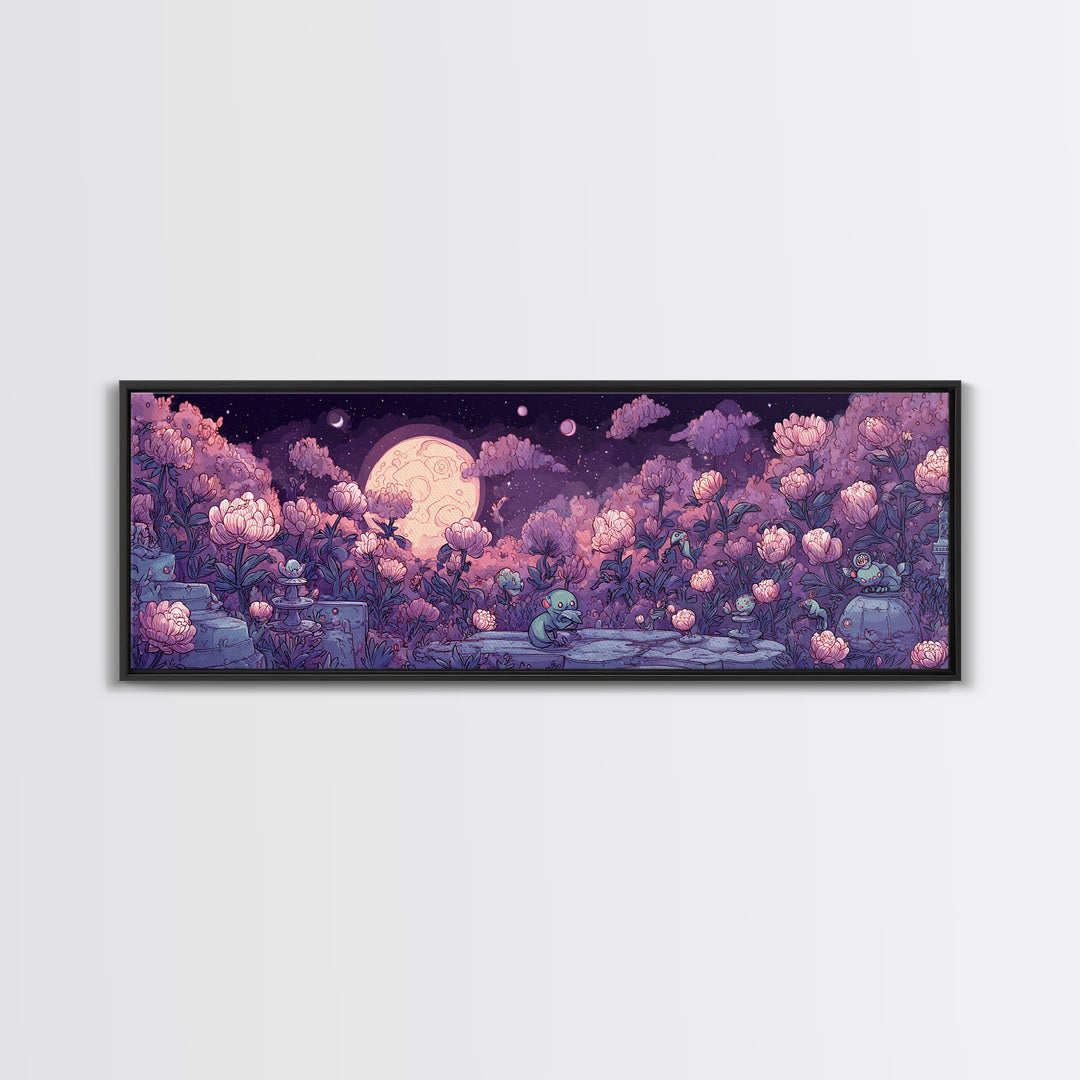 The Garden Of The Eyeless Moon, Synthwave Halloween Art, Extra Wide Wall Art, Framed Canvas Print, Retro Halloween Decor, Neon Wall Art