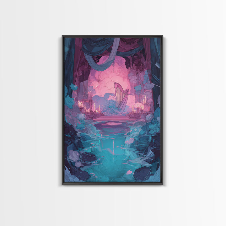The Harpist Of Abyssal Sleep, Cute Eldritch Neon Art, Vertical Wall Art, Canvas Print, Retro Halloween Decor, Neon Wall Art