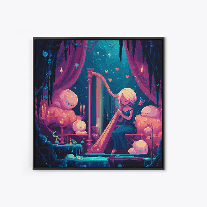 The Harpist Of Abyssal Sleep, Retro Neon Halloween Art, Square Wall Art, Framed Canvas Print, Retro Halloween Decor, Neon Wall Art