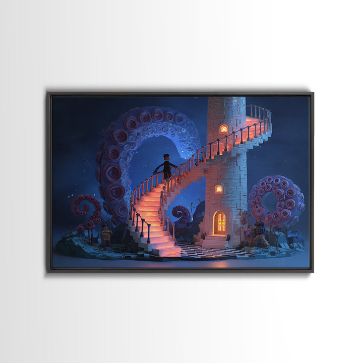The Last Lighthouse Of Y’Ha-Nthlei, Cute Spooky Neon Art, Landscape Wall Art, Framed Canvas Print, Retro Halloween Decor, Neon Wall Art