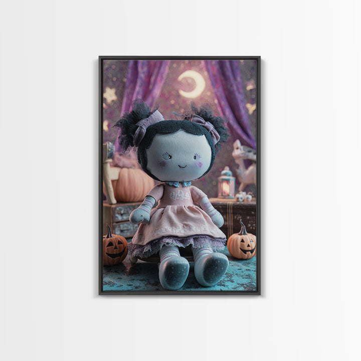 The Doll From Beyond The Void, Retro Neon Halloween Art, Vertical Wall Art, Framed Canvas Print, Retro Halloween Decor, Neon Wall Art