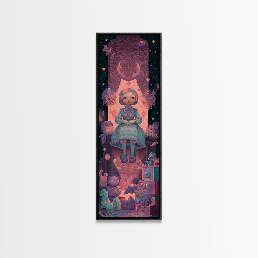 The Doll From Beyond The Void, 80s Halloween Wall Art, Tall Narrow Wall Art, Canvas Print, Retro Halloween Decor, Neon Wall Art