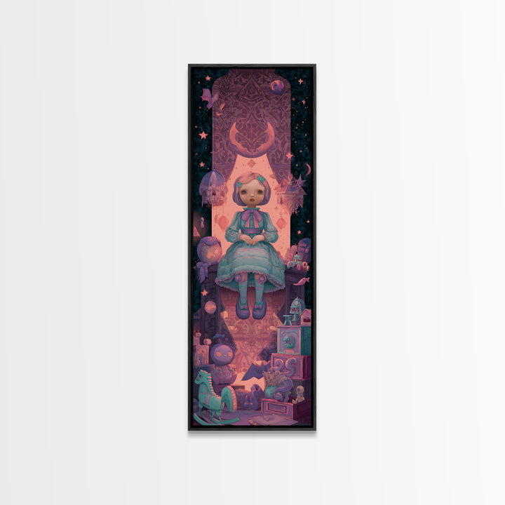 The Doll From Beyond The Void, 80s Halloween Wall Art, Tall Narrow Wall Art, Canvas Print, Retro Halloween Decor, Neon Wall Art