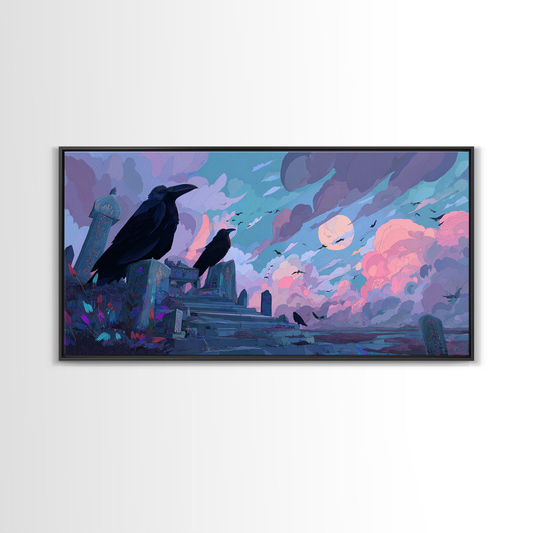 The Raven Sermon Of Leng, Cute Eldritch Neon Art, Wide Panoramic Art, Framed Canvas Print, Retro Halloween Decor, Neon Wall Art