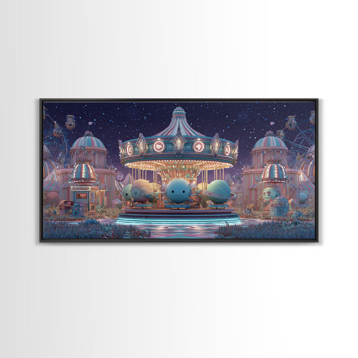 The Carousel Of Sleeping Planets, Retro Neon Halloween Art, Wide Panoramic Art, Canvas Print, Retro Halloween Decor, Neon Wall Art