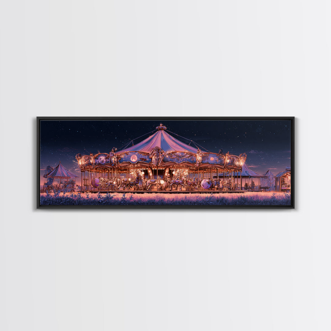The Carousel Of Sleeping Planets, Cosmic Synthwave Horror, Extra Wide Wall Art, Canvas Print, Retro Halloween Decor, Neon Wall Art