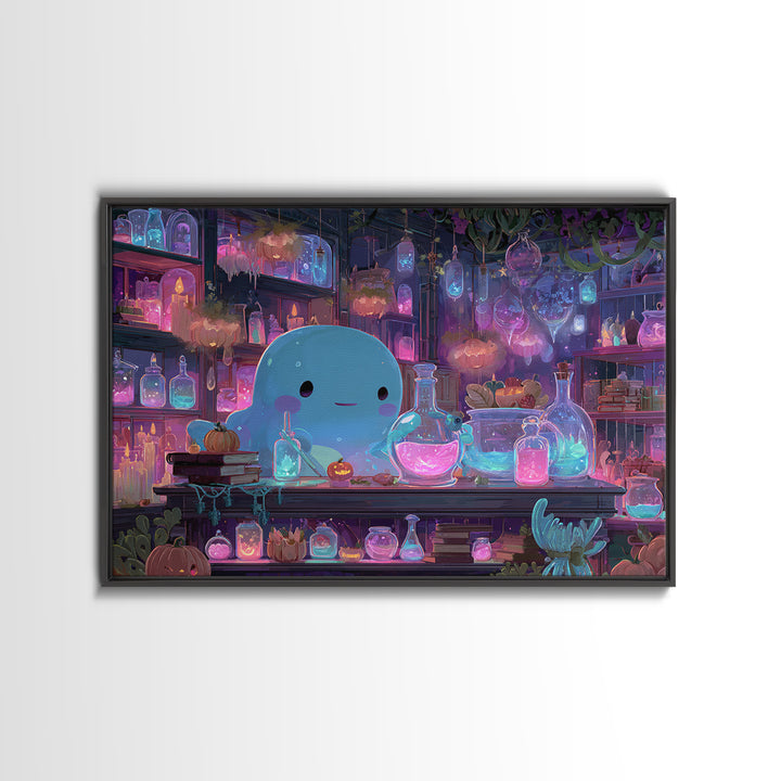 The Apothecary Of Black Seashell Dreams, Cosmic Synthwave Horror, Landscape Wall Art, Framed Canvas Print, Retro Halloween Decor