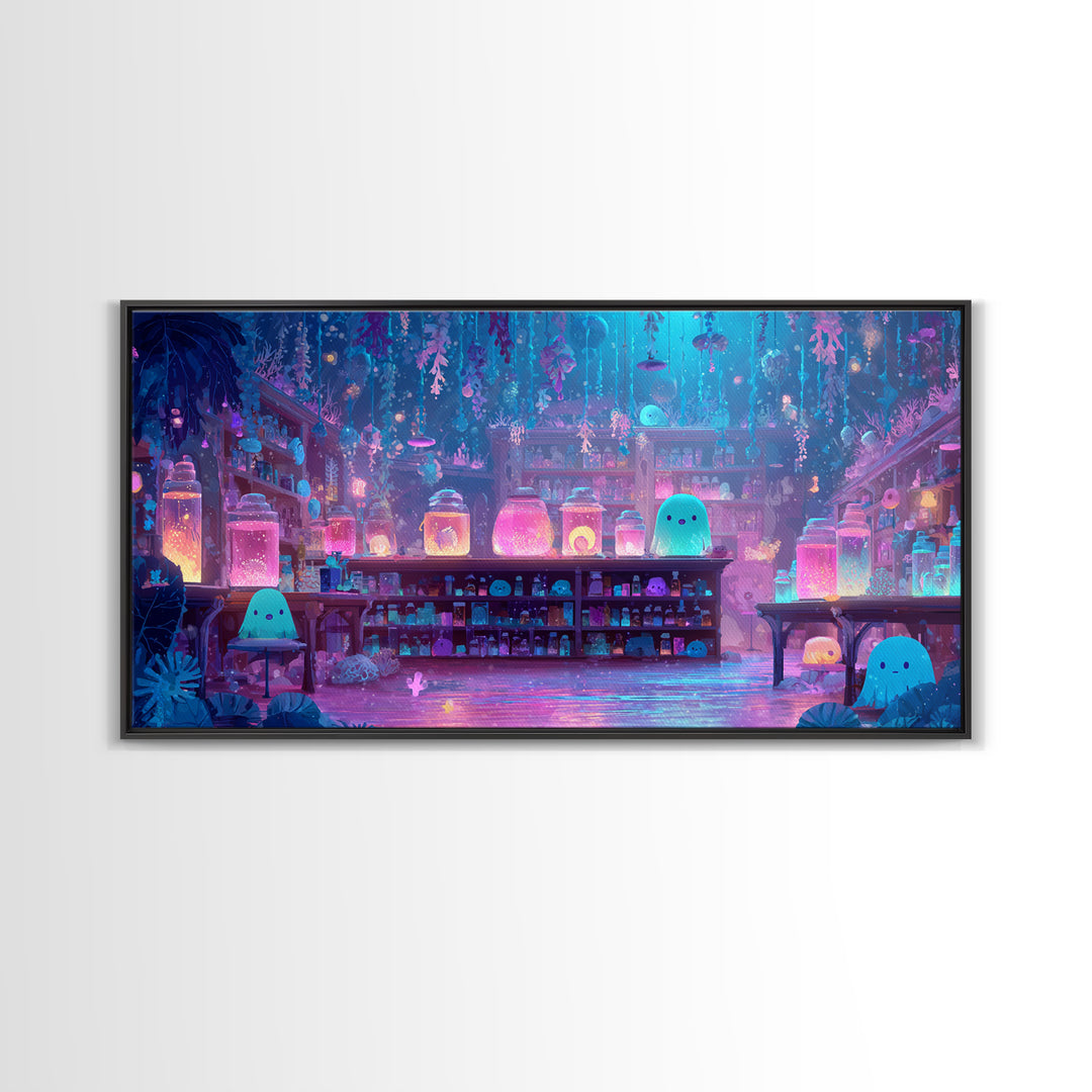The Apothecary Of Black Seashell Dreams, Cute Eldritch Neon Art, Wide Panoramic Art, Canvas Print, Retro Halloween Decor, Neon Wall Art