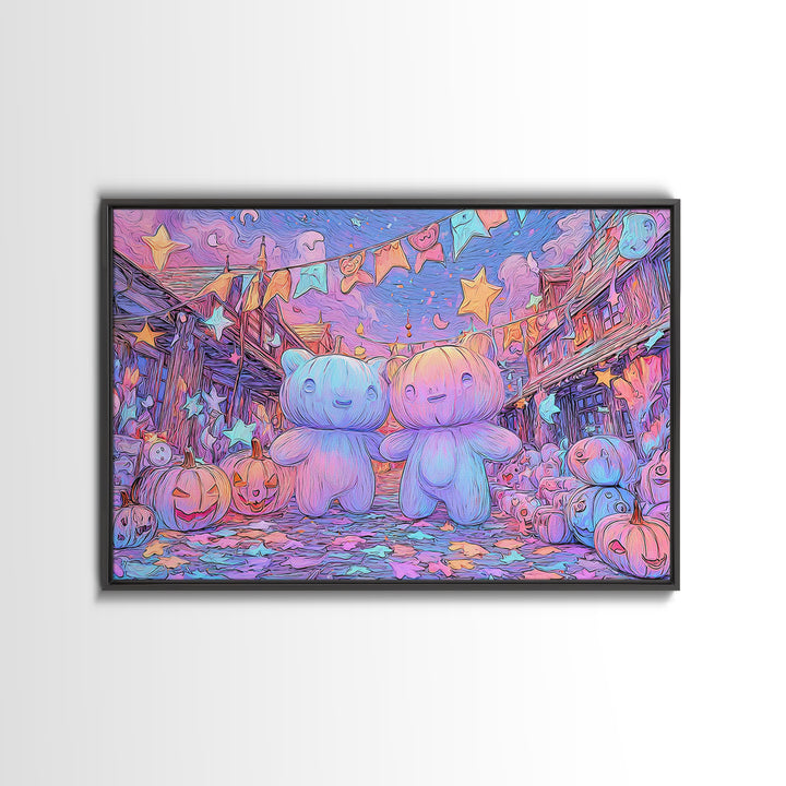 The Festival Of The Little Old Ones, Synthwave Halloween Art, Landscape Wall Art, Framed Canvas Print, Retro Halloween Decor, Neon Wall Art