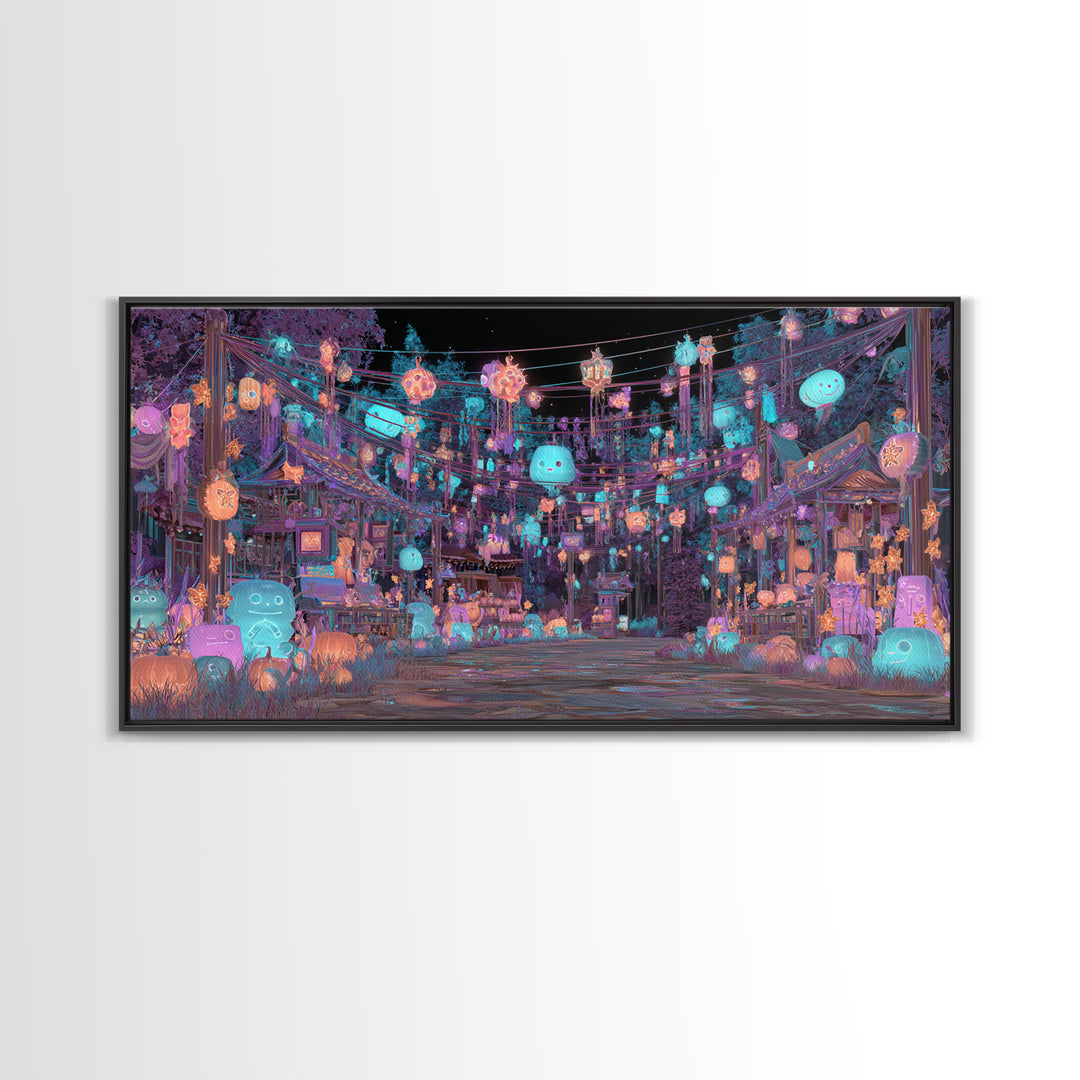 The Festival Of The Little Old Ones, Cute Eldritch Neon Art, Wide Panoramic Art, Canvas Print, Retro Halloween Decor, Neon Wall Art