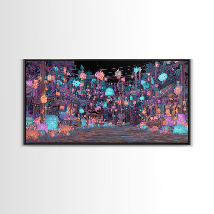 The Festival Of The Little Old Ones, Cute Eldritch Neon Art, Wide Panoramic Art, Canvas Print, Retro Halloween Decor, Neon Wall Art