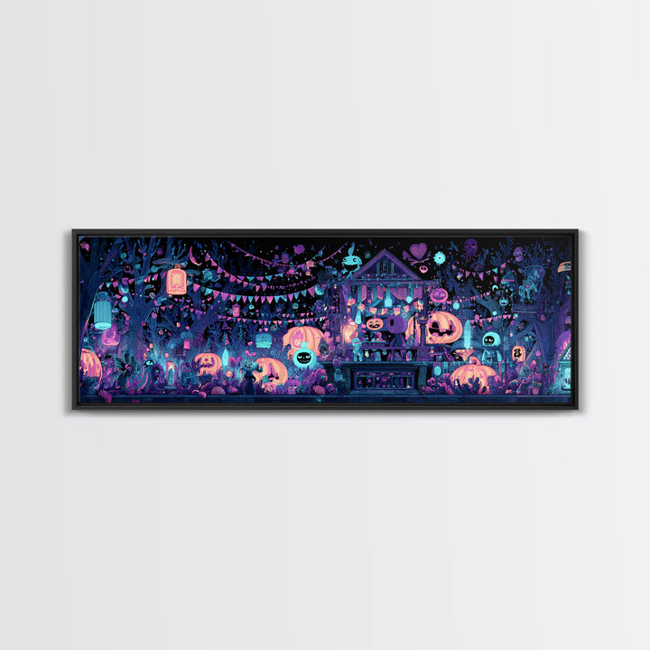 The Festival Of The Little Old Ones, Vaporwave Halloween Decor, Extra Wide Wall Art, Framed Canvas Print, Retro Halloween Decor