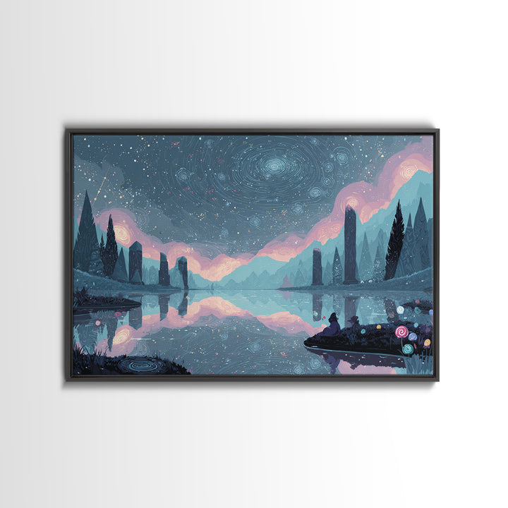 The Mirror Lake Of Lost Constellations, 80s Halloween Wall Art, Landscape Wall Art, Framed Canvas Print, Retro Halloween Decor