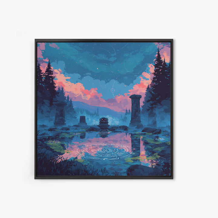 The Mirror Lake Of Lost Constellations, 80s Halloween Wall Art, Square Wall Art, Canvas Print, Retro Halloween Decor, Neon Wall Art