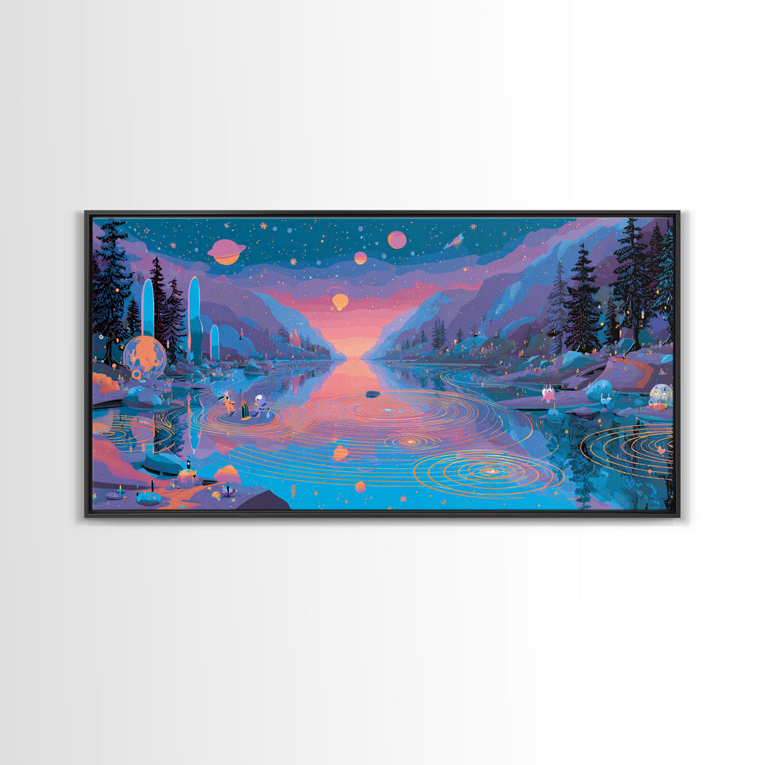 The Mirror Lake Of Lost Constellations, Synthwave Halloween Art, Wide Panoramic Art, Framed Canvas Print, Retro Halloween Decor