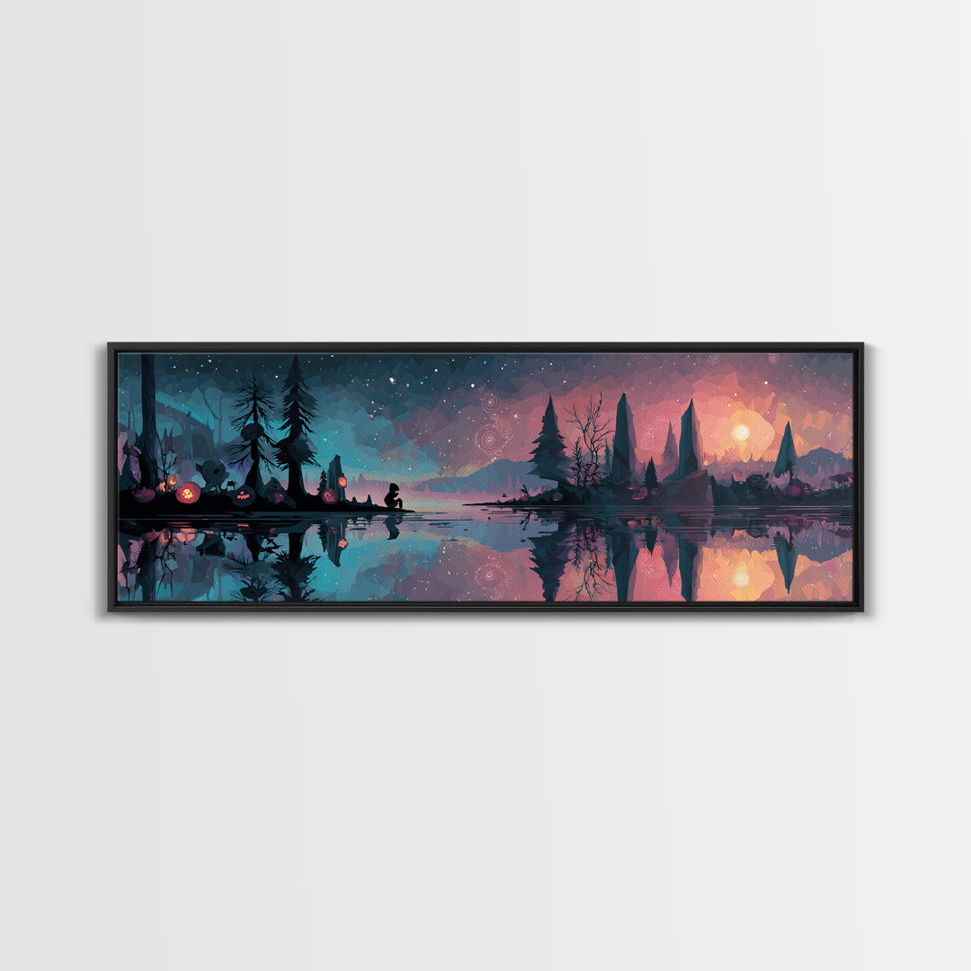 The Mirror Lake Of Lost Constellations, Cosmic Synthwave Horror, Extra Wide Wall Art, Framed Canvas Print, Retro Halloween Decor