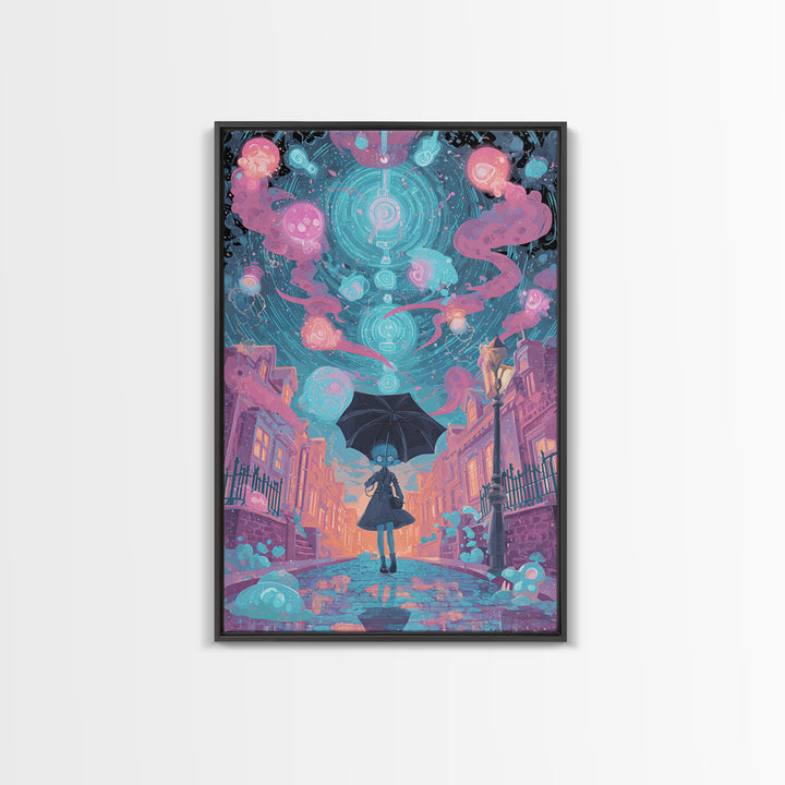 The Umbrella Of The Outer Rain, Retro Neon Halloween Art, Vertical Wall Art, Framed Canvas Print, Retro Halloween Decor, Neon Wall Art