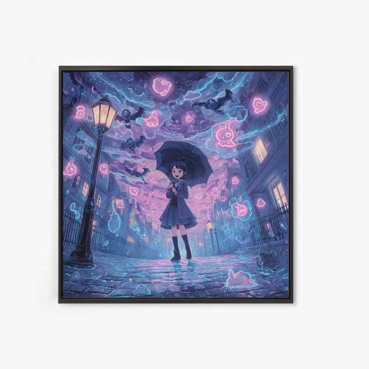 The Umbrella Of The Outer Rain, Cute Spooky Neon Art, Square Wall Art, Canvas Print, Retro Halloween Decor, Neon Wall Art