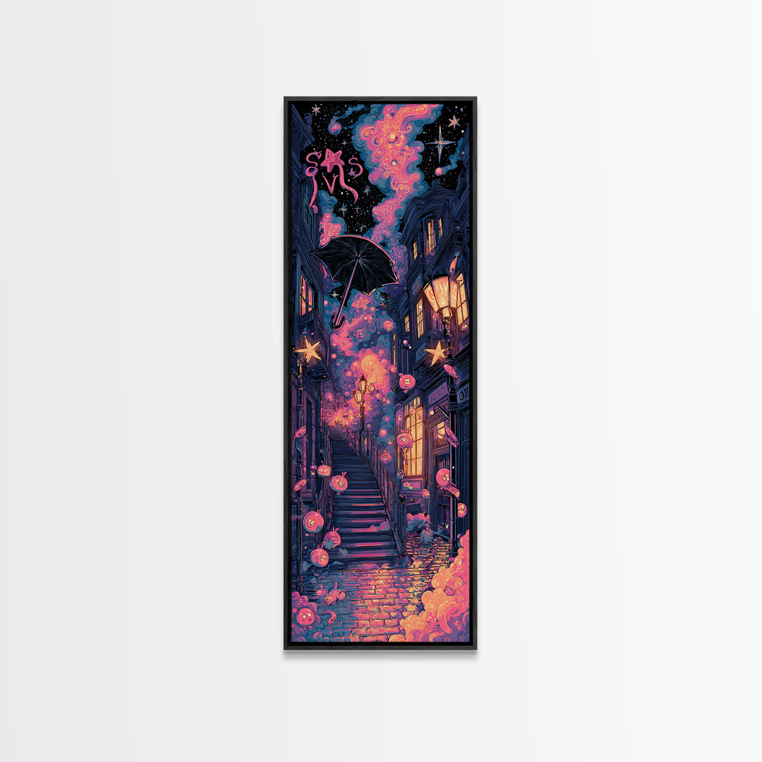 The Umbrella Of The Outer Rain, Cute Spooky Neon Art, Tall Narrow Wall Art, Canvas Print, Retro Halloween Decor, Neon Wall Art