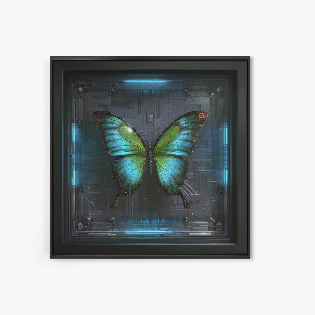 Holographic Butterfly over Black Metal Surface Canvas Print, Cyberpunk Art, Japanese Art, Living Room Decor, Fine Art, Neon, CYB-1x1-19