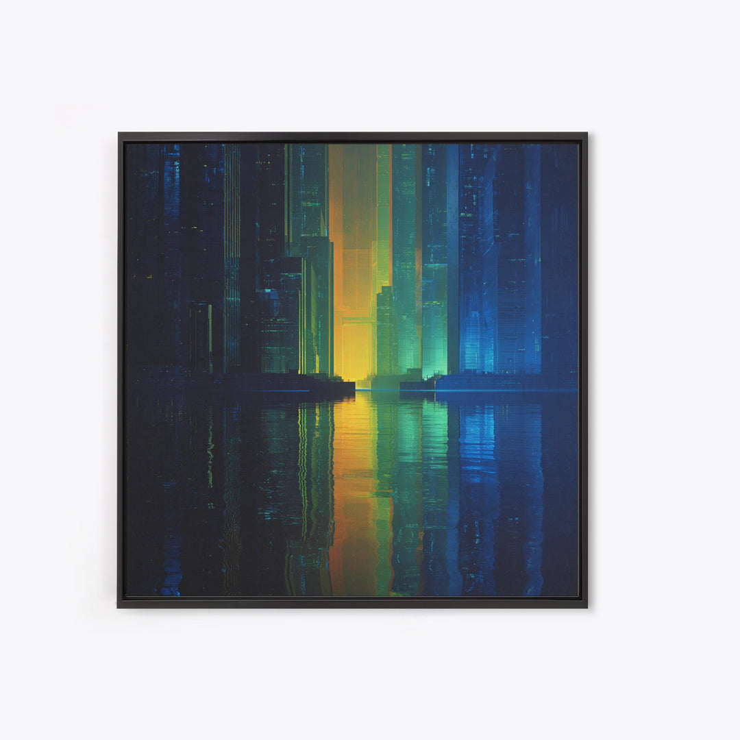 Neon Skyline Reflected Canvas Print, Cyberpunk Art, Man Cave Decor, Living Room Decor, Fine Art, Neon, Fine Art Print, CYB-1x1-22