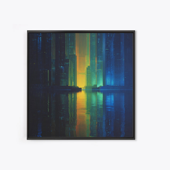 Neon Skyline Reflected Canvas Print, Cyberpunk Art, Man Cave Decor, Living Room Decor, Fine Art, Neon, Fine Art Print, CYB-1x1-22