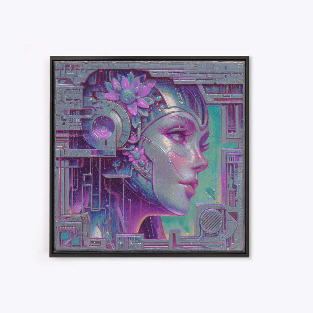 Android Woman with Glowing Circuitry and Flowers Canvas Print, Cyberpunk Art, Blue Wall Art, Living Room Decor, Neon, CYB-1x1-27