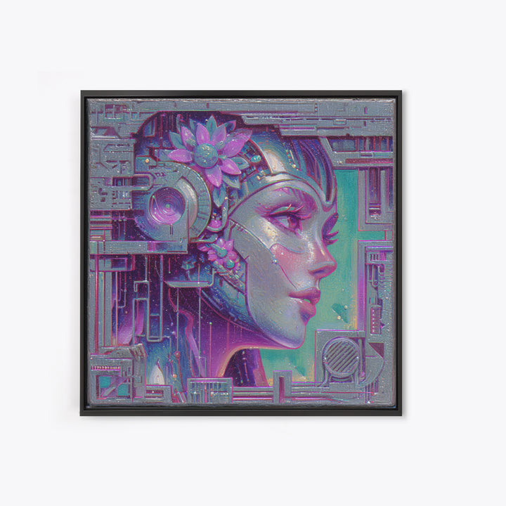 Android Woman with Glowing Circuitry and Flowers Canvas Print, Cyberpunk Art, Blue Wall Art, Living Room Decor, Neon, CYB-1x1-27