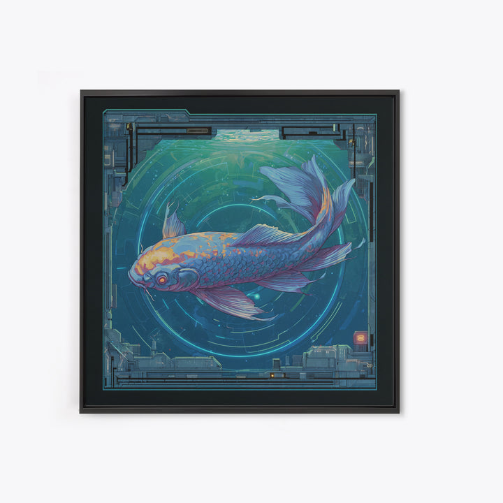 Cyberpunk Koi Swimming Through Electric Blue Water Canvas Print, Cyberpunk Art, Textured Painting, Living Room Decor, Neon, CYB-1x1-29