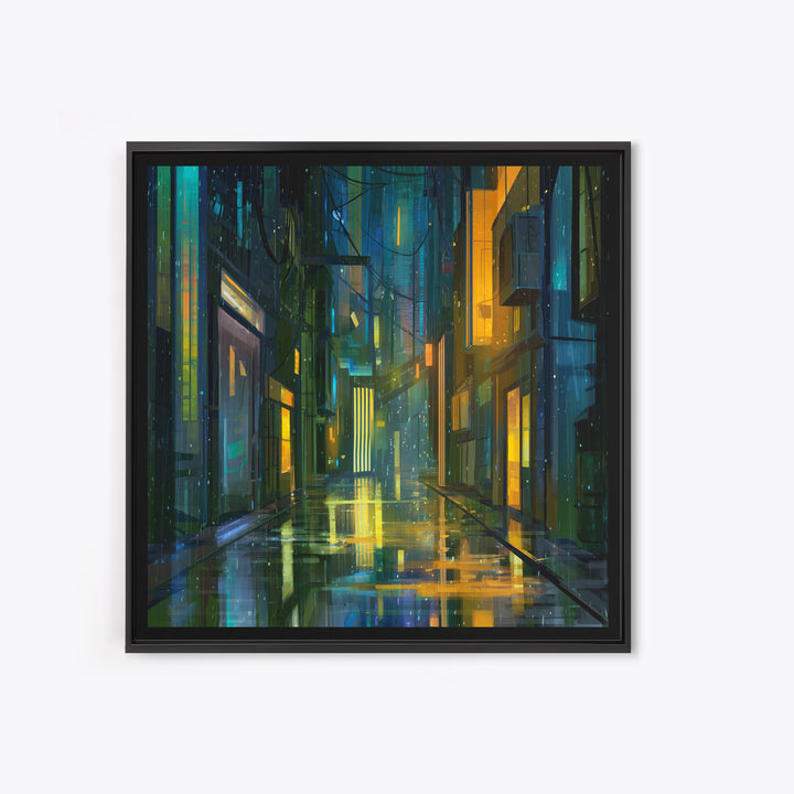 Rain Soaked Alley Framed Canvas Print, Cyberpunk Art, Gallery Decor, Living Room Decor, Fine Art, Neon, Wall Art, Home Decor, CYB-1x1-32