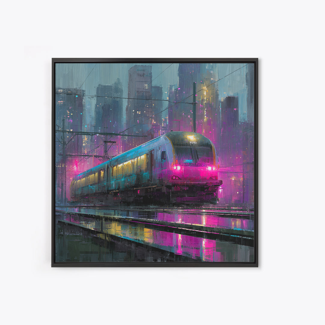 City Train Rushing Through Pink Electric Haze Framed Canvas Print, Cyberpunk Art, Boho Decor, Living Room Decor, Oil Painting, CYB-1x1-37