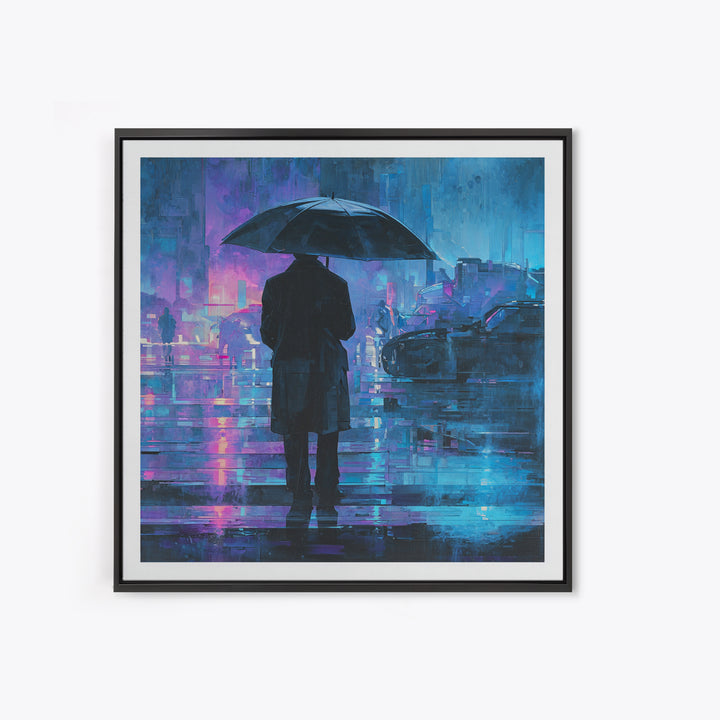 Glowing Umbrella Figure Framed Canvas Print, Cyberpunk Art, Cyberpunk Decor, Living Room Decor, Fine Art, Neon, Modern Decor, CYB-1x1-39