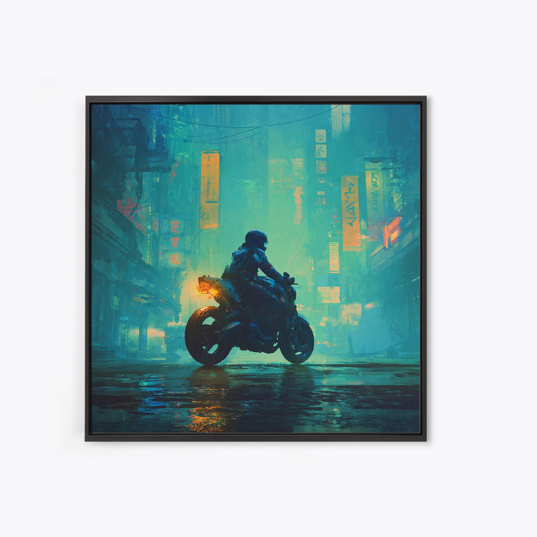 Motorcycle Rider under Holographic Signs Canvas Print, Cyberpunk Art, Home Decor, Living Room Decor, Neon, Japanese Wall Art, CYB-1x1-4