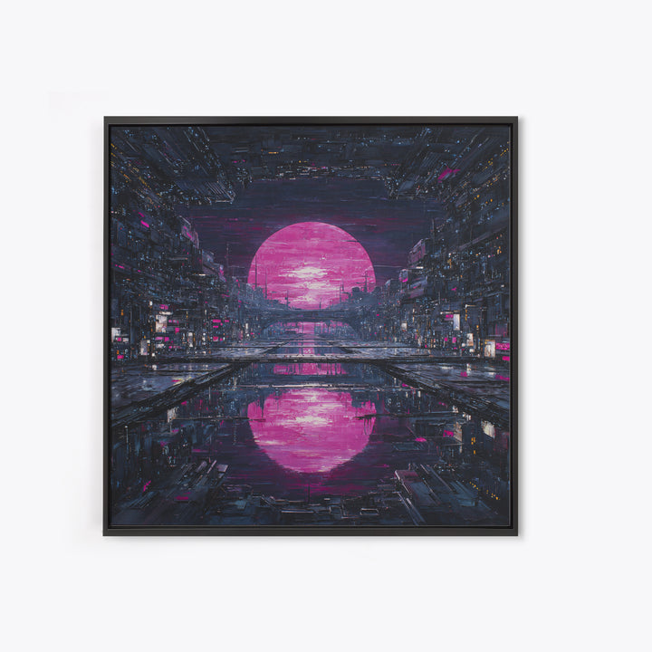 Dystopian Moon over Dense Rooftops Framed Canvas Print, Cyberpunk Art, Cyberpunk Helmet, Living Room Decor, Abstract Art, Neon, CYB-1x1-42