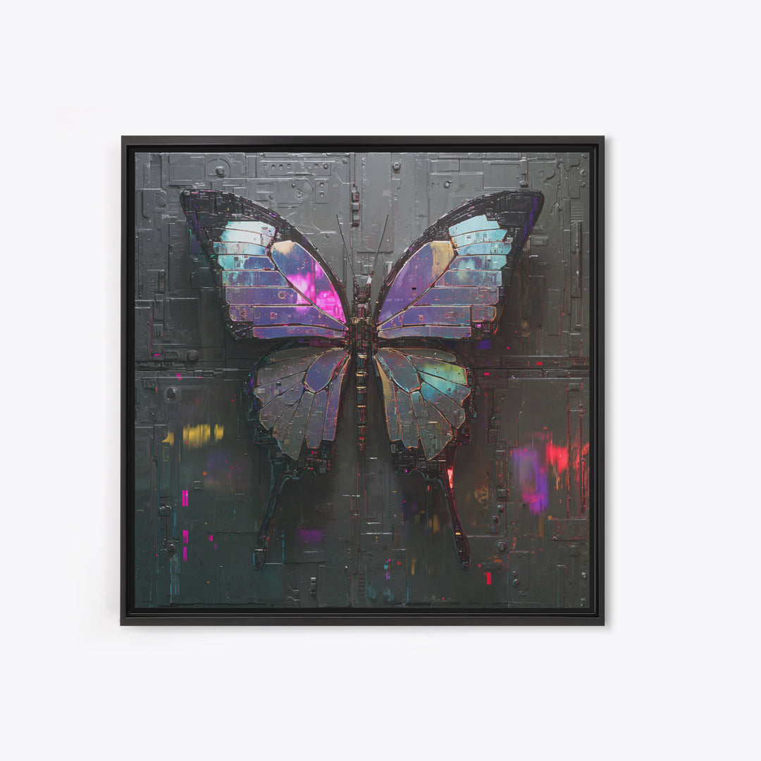 Holographic Butterfly over Black Metal Surface Framed Canvas Print, Cyberpunk Art, Man Cave Decor, Living Room Decor, Neon, CYB-1x1-43