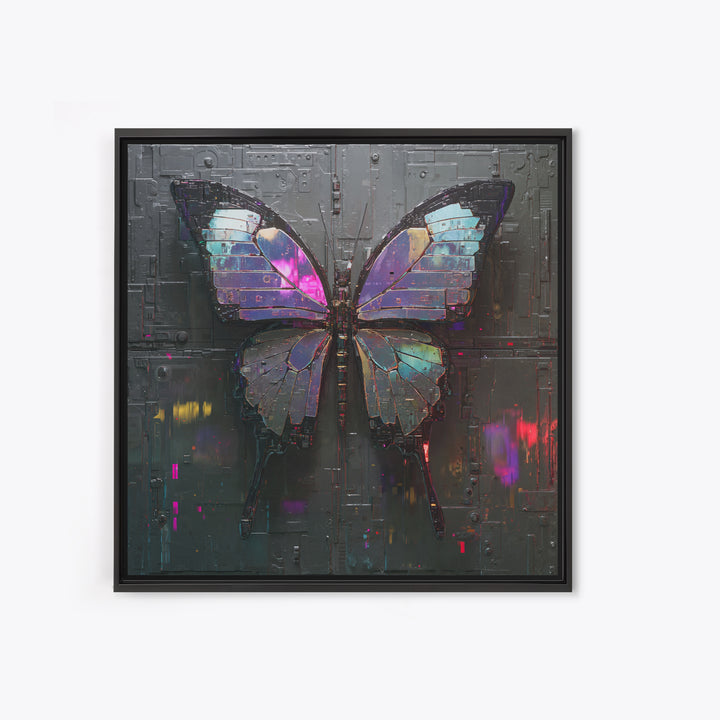 Holographic Butterfly over Black Metal Surface Framed Canvas Print, Cyberpunk Art, Man Cave Decor, Living Room Decor, Neon, CYB-1x1-43
