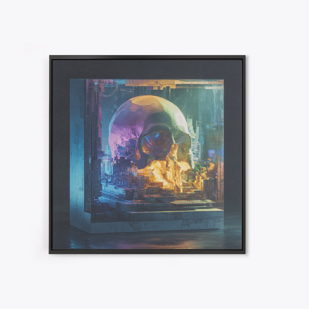 Cyberpunk Skull with Chrome and Violet Light Framed Canvas Print, Cyberpunk Art, Movie Posters, Living Room Decor, Neon, CYB-1x1-44